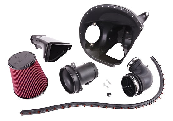 Car air intake system components for the Mustang 5.0L V8, including a red cone filter, black intake tube, housing, connectors, and seal strip, are arranged on a white background. This Cold Air Kit promises performance enhancement for your vehicle's engine.
