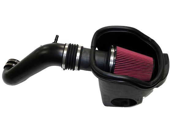 The Roush Cold Air Intake system for the 2015-2017 F-150 is displayed prominently against a white background, featuring a sleek black design and vibrant red air filter, perfectly tailored for the powerful 5.0L V8 engine.
