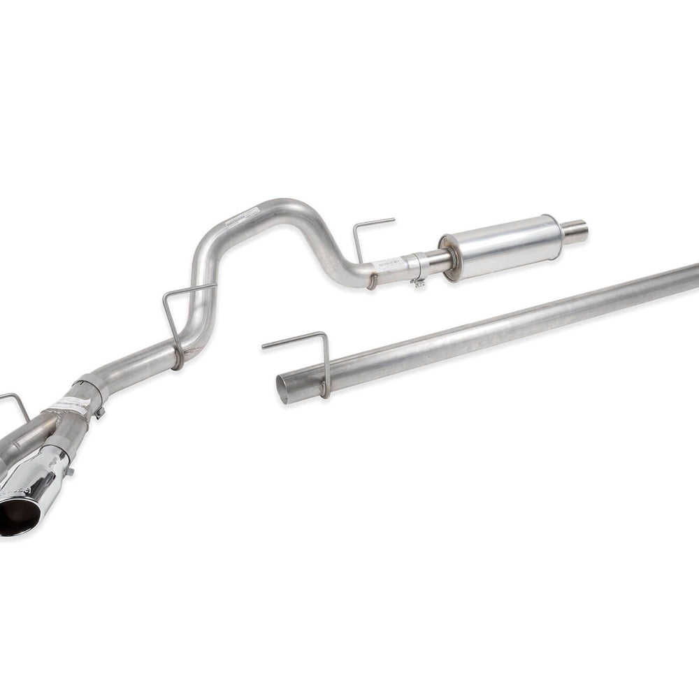 Chrome exhaust system with dual tailpipes, high-grade 304 stainless steel clamps, and a silencer laid out on a white background. Perfect fit for the 2021-2024 Ford F-150, this Roush F-150 Cat-Back Performance Exhaust Kit ensures both durability and style.