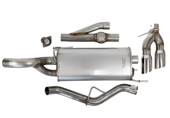 Car exhaust system parts, including a Roush F-150 Cat-Back Exhaust with a 304 stainless steel muffler, pipes, and clamps, are arranged on a white background.
