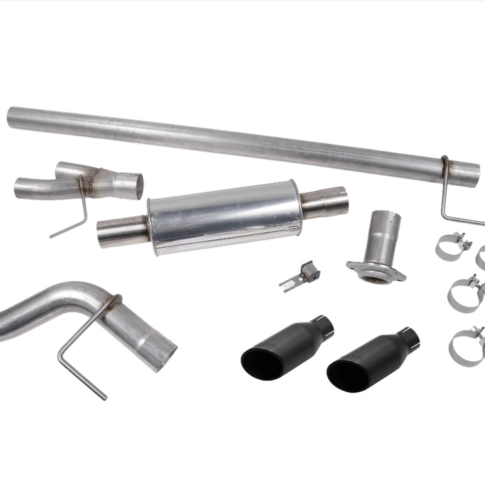 The Roush F-150 Exhaust system, designed for the 5.0L V8 Engine, features multiple metal pipes, clamps, and attachments displayed on a pristine white background. This Cat Back Exhaust enhances performance while maintaining a sleek appearance.